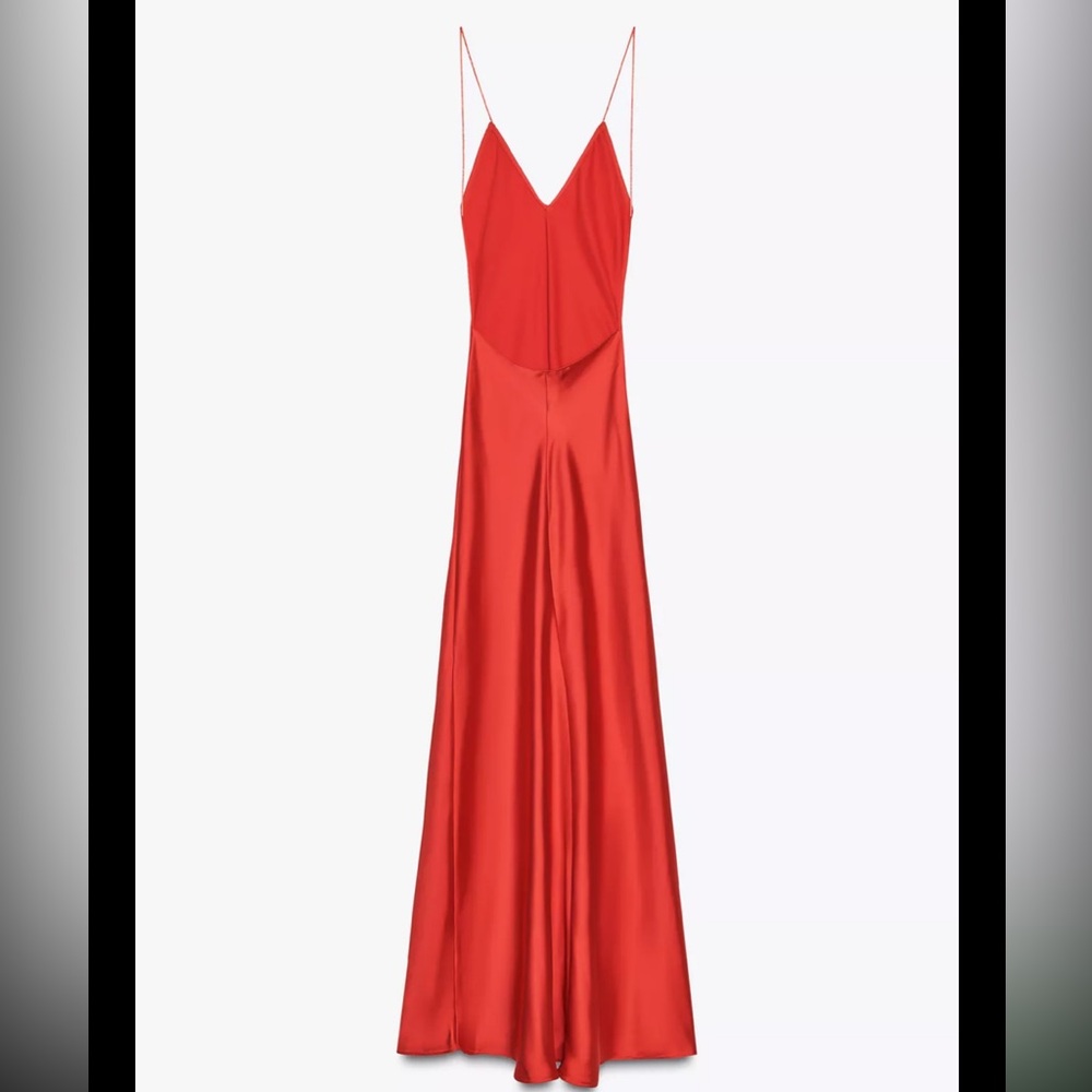 ๐(NWOT) ZARA Bloggers Fav Open Back Satin Maxi Dress in Red. Size SMALL - Picture 11 of 16